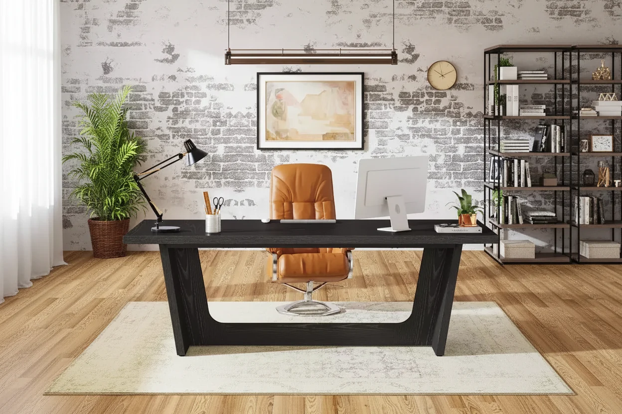 70.87 in Executive Computer Desk with Solid Wooden Pedestal | Home Office