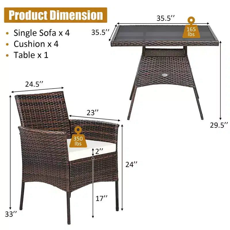 Costway 5PCS Patio Rattan Dining Furniture Set Armrest Sofa Chair Glass Table