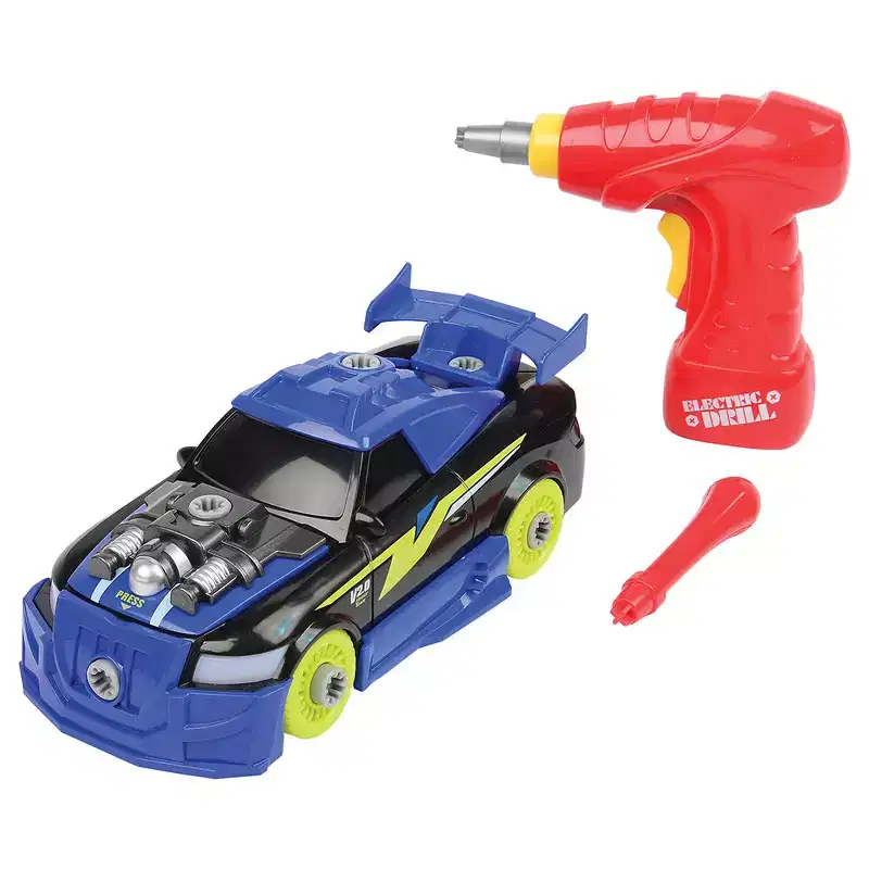 Constructive Playthings Build & Play Race Car STEM Toy  26-Piece Set with Power Screwdriver, Lights & Sounds Ages 3+