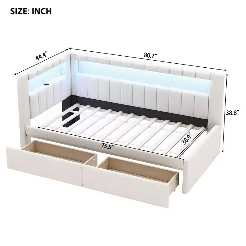 Upholstered Twin Platform Bed with USB Ports, LED Belt & 2 Storage Drawers, White