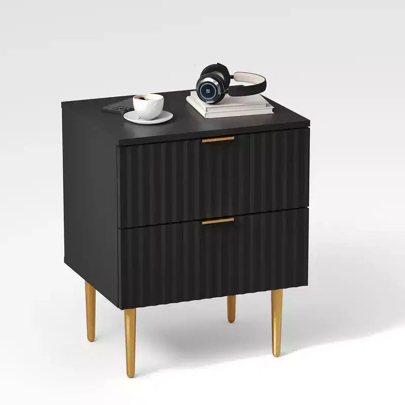 Modern Nightstand with 2 Drawers, Golden and Wood Fluted Night Stand, Side Table for Bedroom Apartment