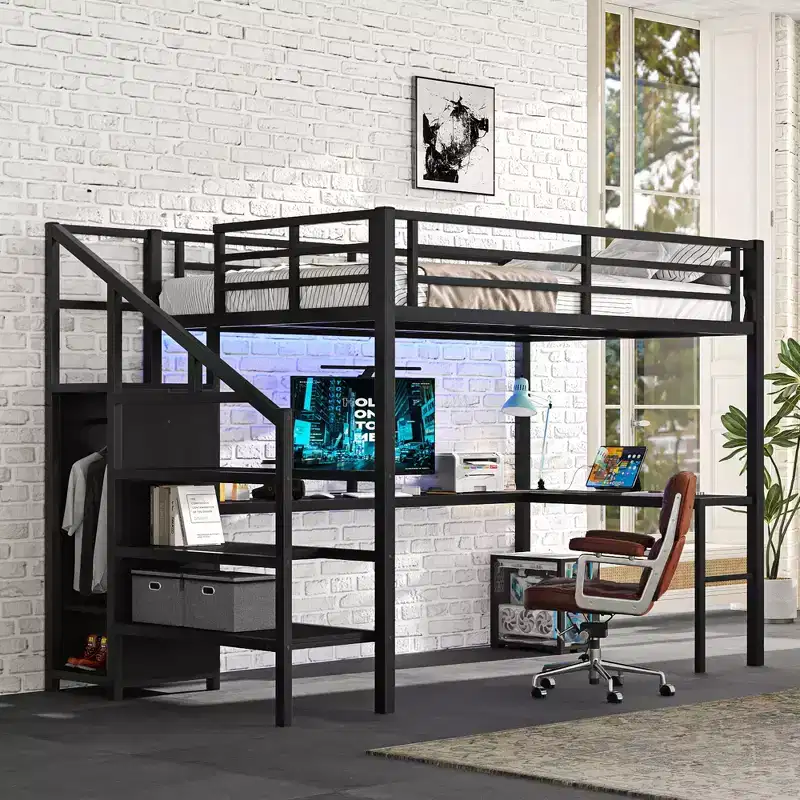 Full Size Loft Bed with L-shaped Desk and USB Metal Loft Bed with Wardrobe and Adjustable Shelf High Loft Bed with LED for Kids Teens Adults Black