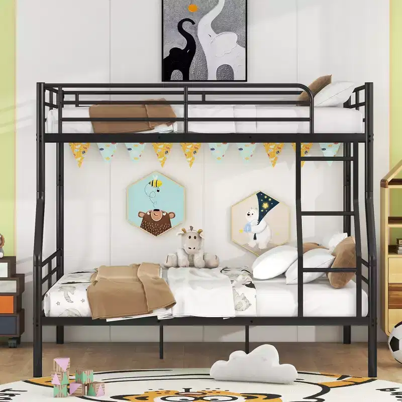 Full XL Over Queen Metal Bunk Bed, Chrome Finish, Splits into 2 Beds