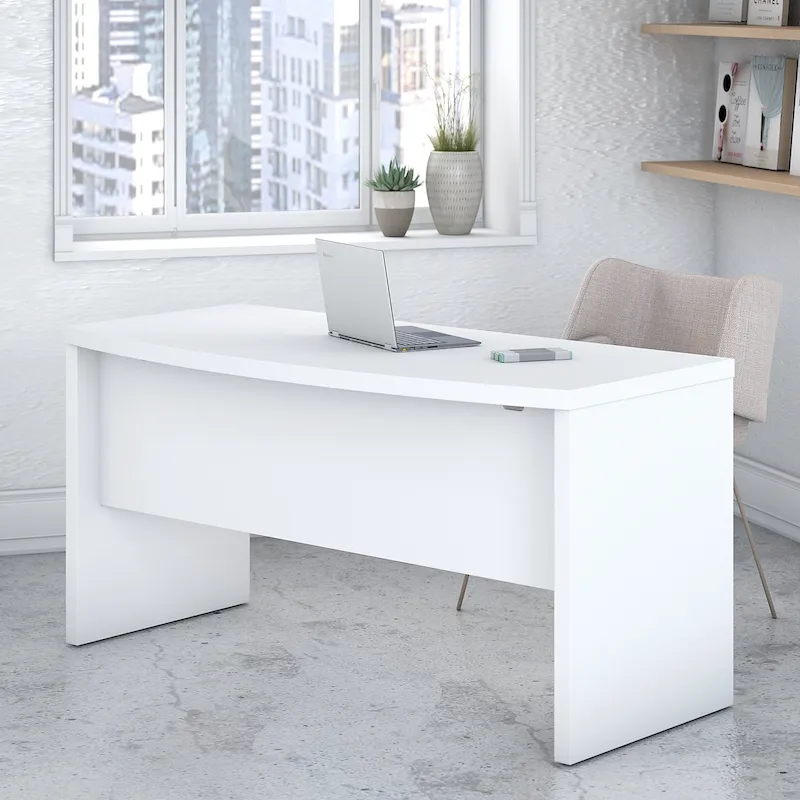 60-Inch Bow Front Office Desk with Thermally Fused Laminate Surface, Pure White