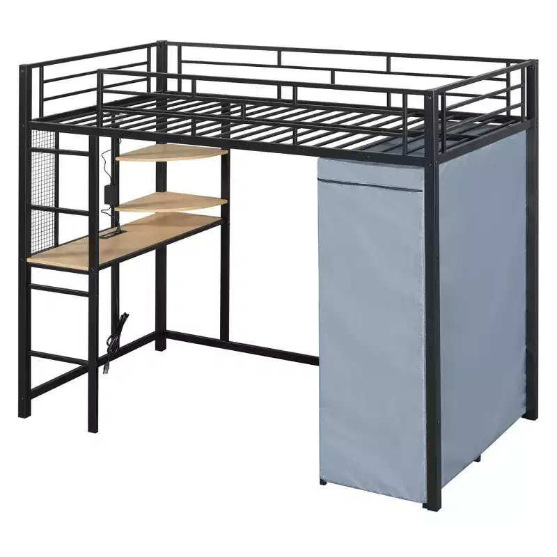 Metal Loft Bed with Built-In Desk, Shelves, Power Outlet, LED Light & Fabric Wardrobe 鈥?Twin/Full