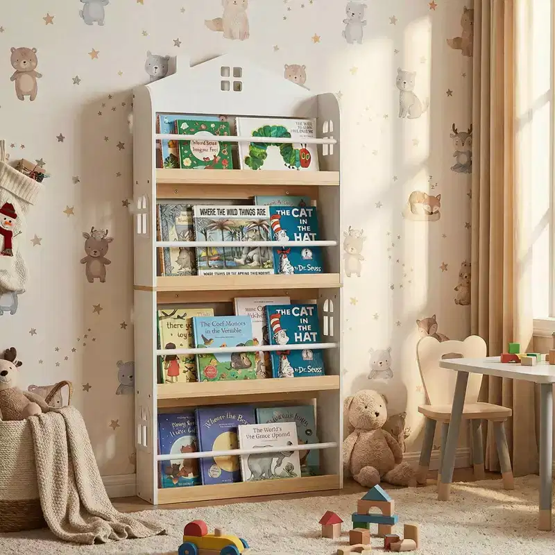 Costway 4-Tier House-Shaped Kids Bookshelf with Anti-falling Baffles Metal Bars for Nursery