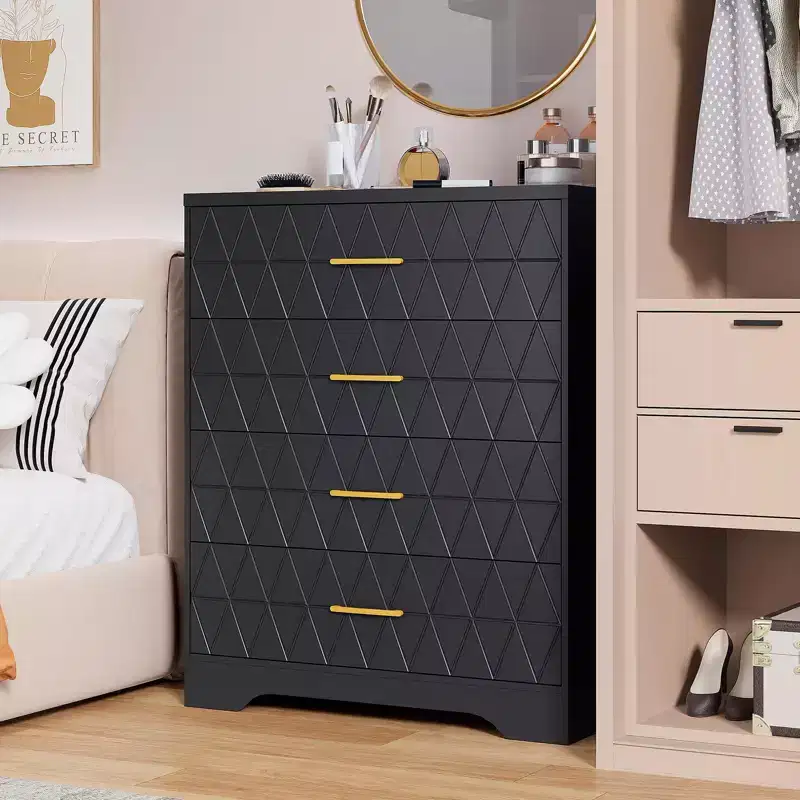 4-Drawer Tall Wood Dresser with Gold Handles, Modern Storage Chest, Wide Top