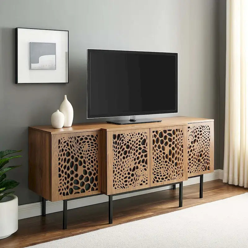 Walnut Veneer Sideboard Credenza with Sliding Doors for 1–4 Person Dining Room