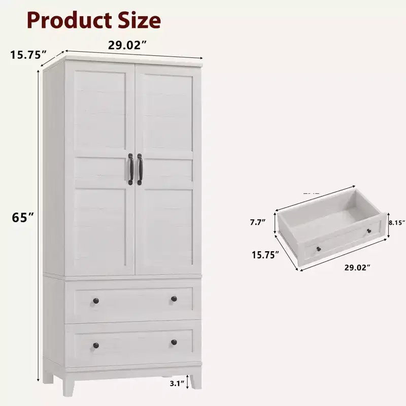 COZONY Tall Storage Cabinet with 2 Drawers, Adjustable Shelf Farmhouse Floor Cabinet with Doors, White