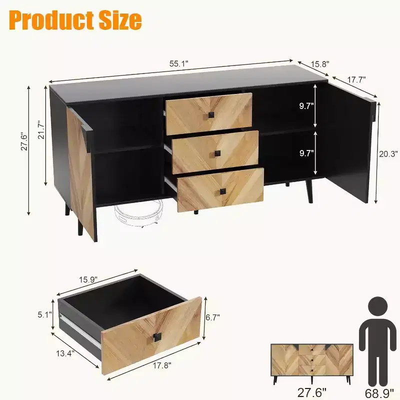 Sideboard Wood 2 Doors & 3 Drawers, 55'' Modern Entryway Cabinet Coffee Bar Cabinet with Geometric Pattern for Kitchen, Dining, Living Room