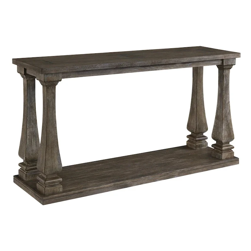 Rectangular Wooden Sofa Table with Square Baluster Legs, Gray