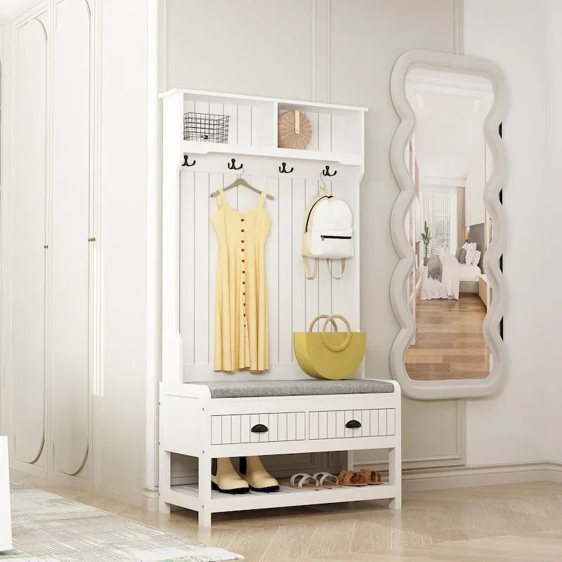 68.5H Hall Tree with Bench and Shoe Storage White/Black/Grey