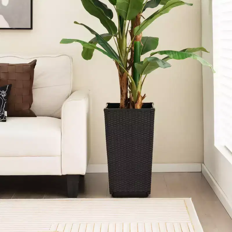 Costway 2PCS Outdoor Wicker Flower Pot 22.5''Tall Planters with Drainage Hole Black/Coffee