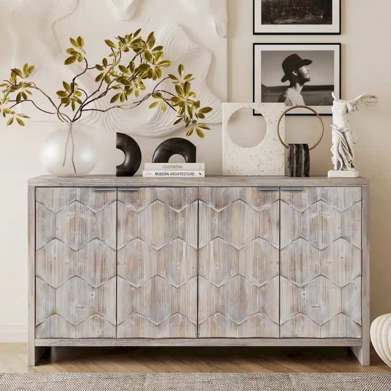 Farmhouse Style 4-Door Wooden Accent Cabinet Sideboard