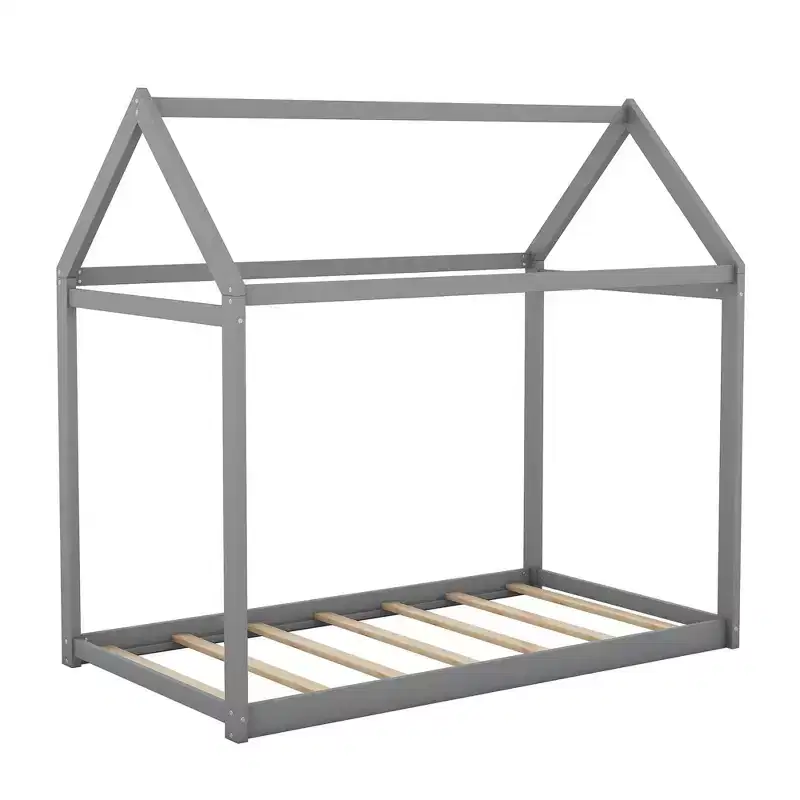 Twin Size Wooden House Floor Bed with Roof - Easy Assembly, No Box Spring Needed for Kids