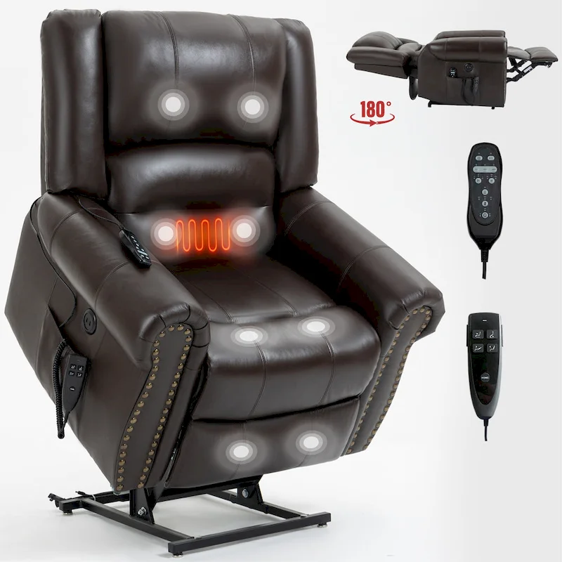 Brown Genuine Leather Power Lift Recliner Chair with Dual Motor, Heat Massage, USB Ports, and Infinite Recline