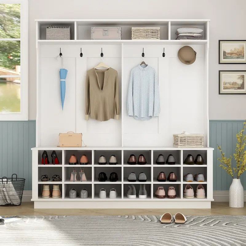 Large Hall Tree for Entryway Coat Rack Shoe Bench with Bottom Storage