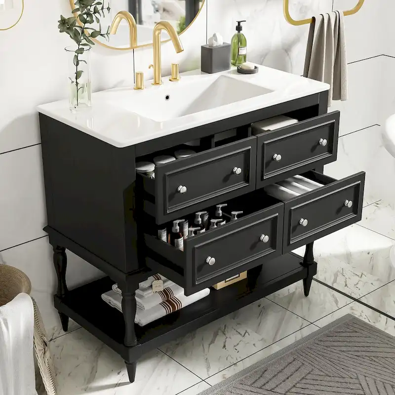 36 Bathroom Vanity Cabinet with Sink Combo Set, Undermount Ceramic Sink, Free Standing Vanity Set with 4 Drawers