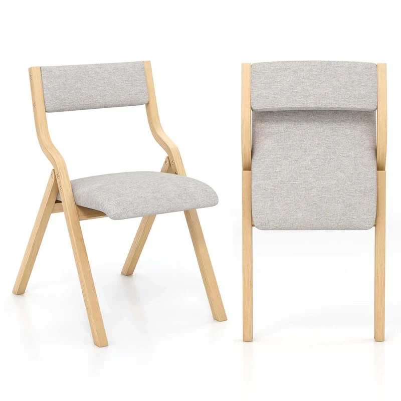 2PCS Folding Dining Chair Wooden Upholstered Linen Fabric Padded Seat