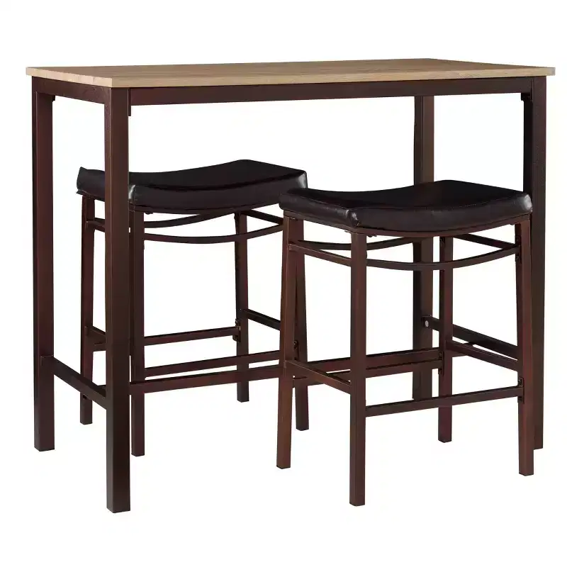 Linon 3pc Betty Faux Leather Stools Wood Pub Dining Set Wood/Brown: Counter Height, Padded Seat