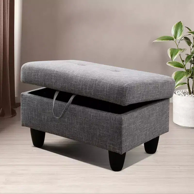 AndMakers 28.5 in. W Yellowish Gray Linen Rectangle Ottoman with Storage