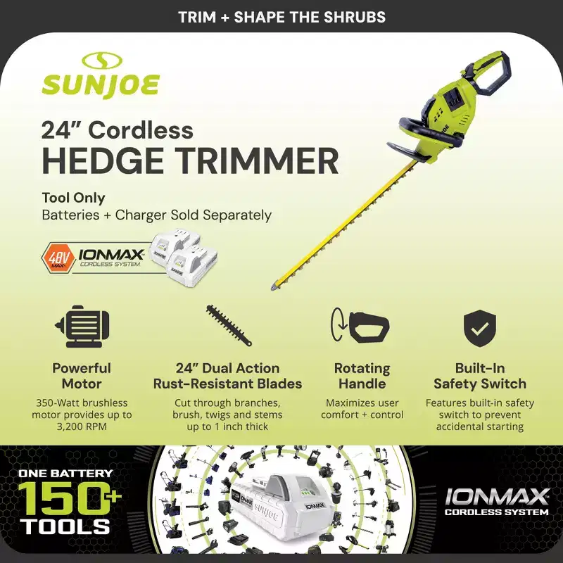 Sun Joe Cordless Hedge Trimmer Tool. 24 Portable Tree Trimmer, 24V-X2-24HT-CT