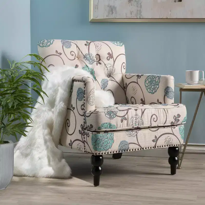 Harrison Tufted Club Chair �C White/Blue Floral Upholstered Accent, Hardwood Frame