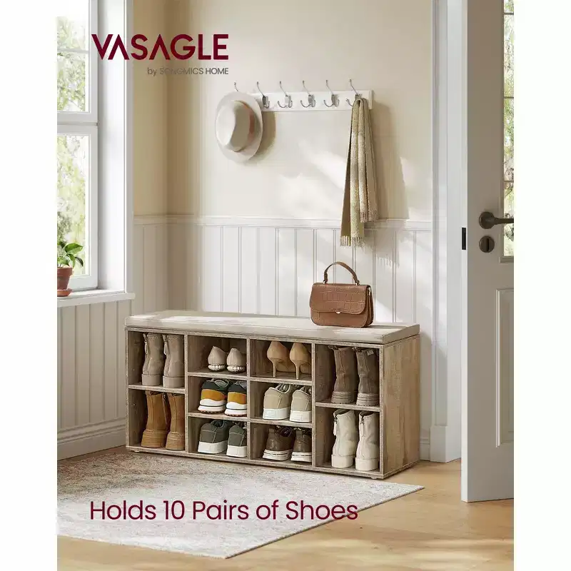 Shoe Storage Bench with 10 Compartments & Padded Cushion Seat
