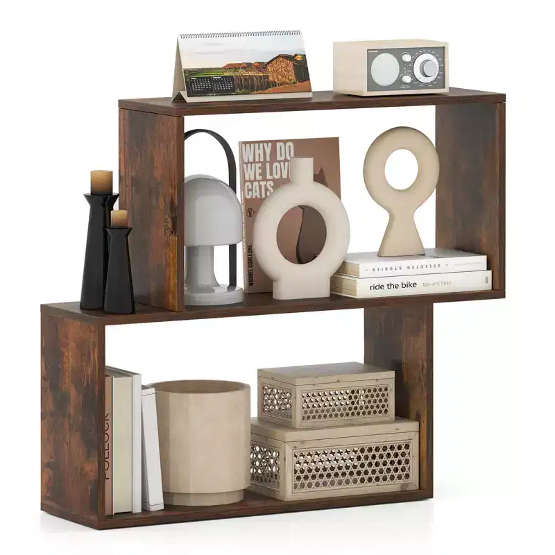 Costway 1/2 PCS 3-Tier Geometric Bookshelf, Freestanding Wooden Bookcase with 2 Cubic Compartments