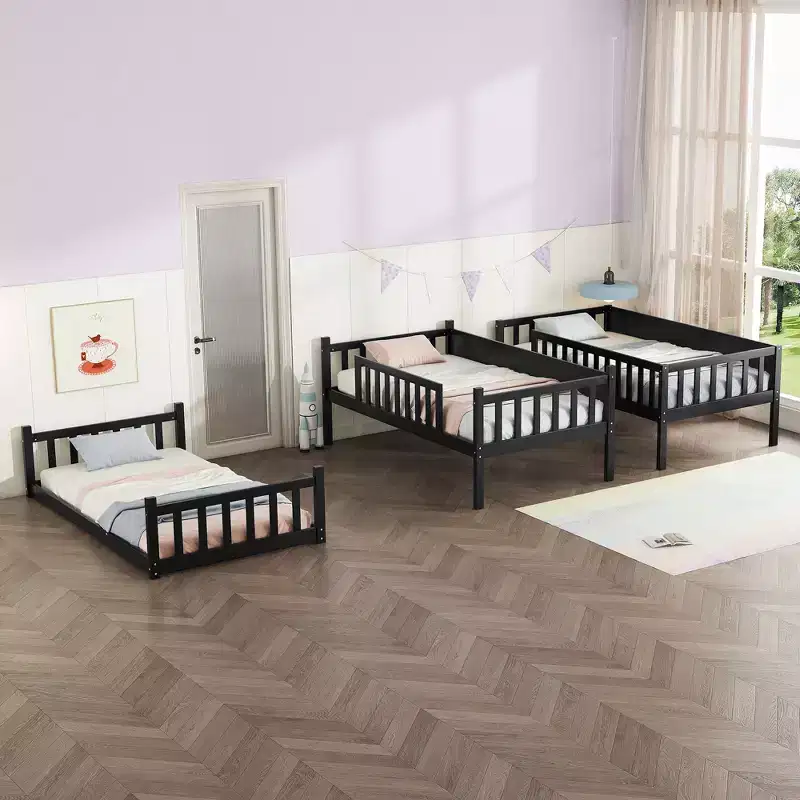 Triple Twin Bunk for Kids, Twin over Twin over Twin Detachable Bunk Bed with Ladder and Guardrail, Separate into 3 Beds