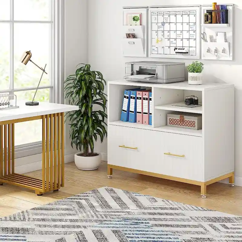 White & Gold Lateral File Cabinet with Drawer and Open Storage Shelves