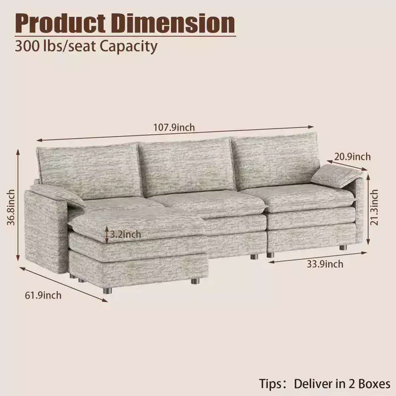 108 XL Modular Sectional Couch, Deep Seat Modern Chenille L Shaped Modular Sofa, Cloud Couch for 4 with Movable Ottoman, Sectional Sofa
