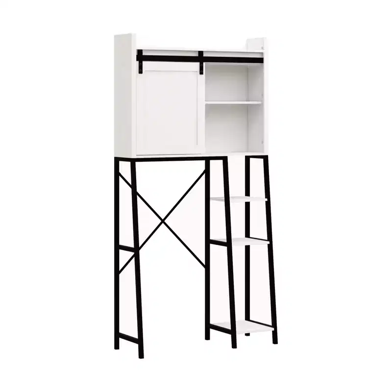 VIYET 64H Over The Toilet Storage Cabinet, White+Black Sliding Barn Door Bathroom Shelves with Adjustable Shelves & Side Storage Rack