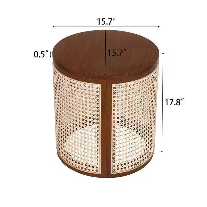 15.70-inch Round Accent Table, Openwork Weave Rubberwood Nightstand, Rattan Coffee Table, Dark Brown
