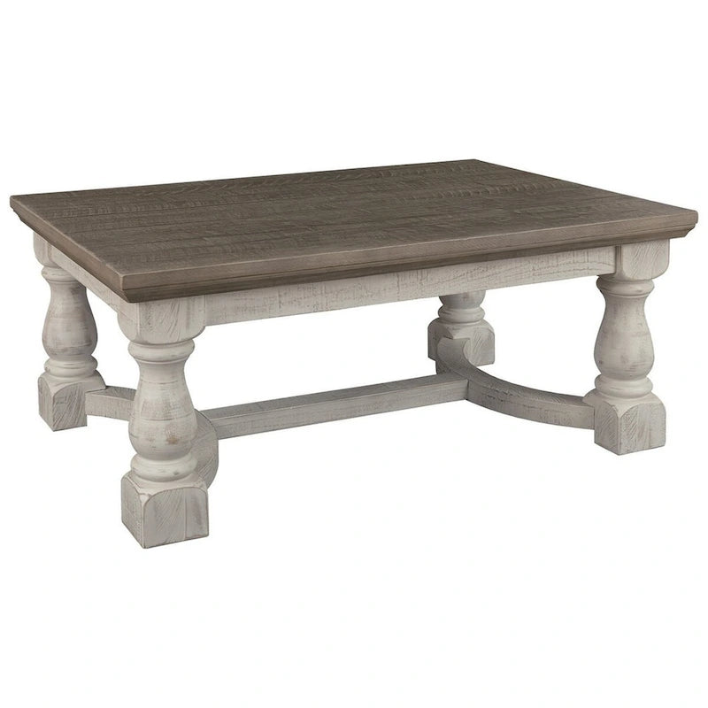 Rectangular Cocktail Table – Brown & Antique White, Plank Top, Trestle Base, Wood