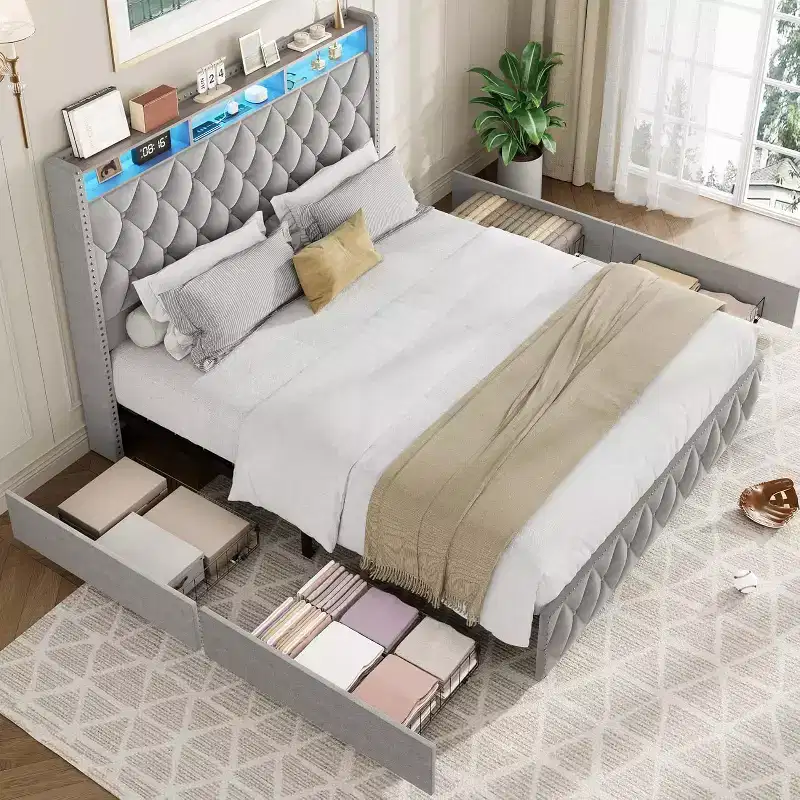 Upholstered Drawer Bed with Storage | Light Gray Plywood + Sponge + Copper Nail | For Bedroom, Guest Room