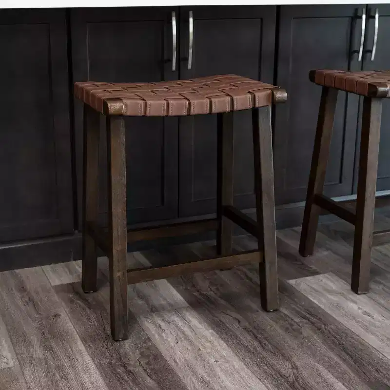 Backless Counter Stool with Handwoven Faux Leather Seat �C 25" Height
