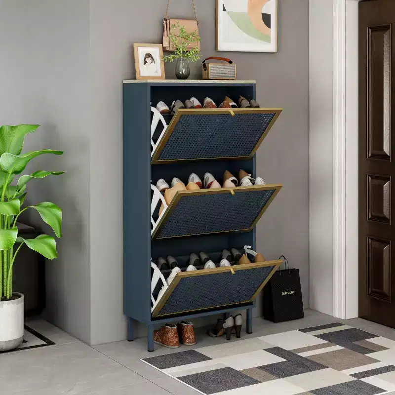 GDFStudio Julia Modern Wooden Shoe Rack with 3 Honeycomb Metal Tilt-Out Doors