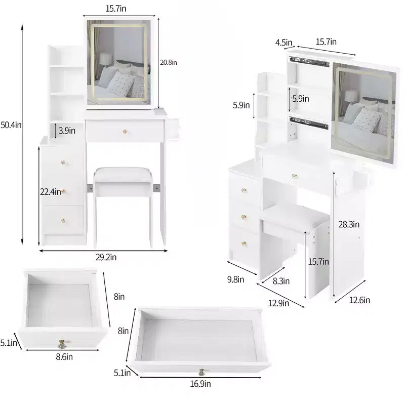 Okak Vanity Table with Drawers and Lights, 29.2 Compact Left-Side Bedside Vanity Desk with Oversized Touch-Sensitive Sliding LED Mirror, White