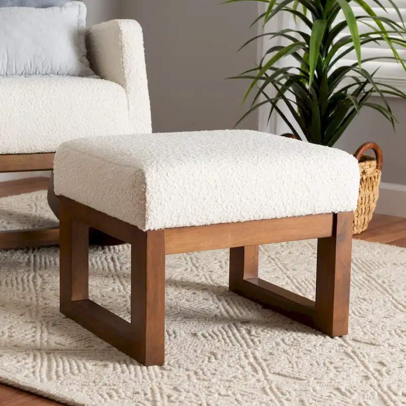 Mid-Century Modern Off-White Boucle Upholstered and Walnut Brown Finished Wood Ottoman Footstool