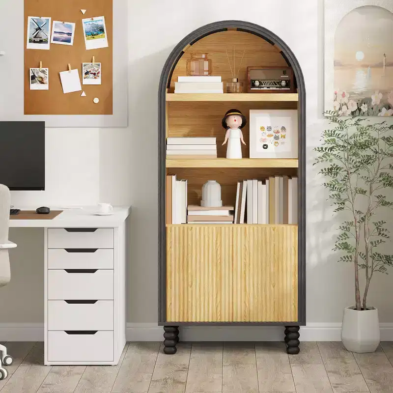 5-Tier Arched Bookcase with Open Shelves & Cabinet