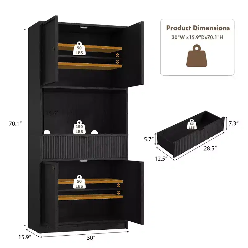 Tall Kitchen Pantry Cabinet, 70 in Pantry Storage Cabinet with Countertop, Fluted Kitchen Hutch Cabinets with Doors and Drawer, Freestanding Cupboard
