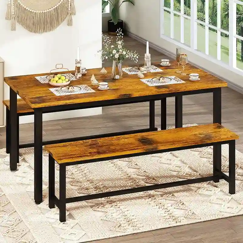 Industrial 3-Piece Dining Table Set, Retro Wood Kitchen Table Set with 2 Benches for Home Kitchen, Dining Room, Restaurant