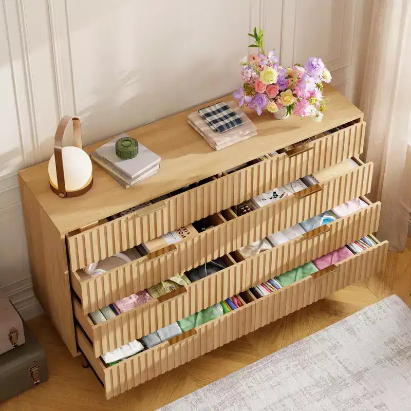 Dresser, 8 Drawer 55 Wide Modern Wooden Chest of Drawers with Metal Handles, Natural