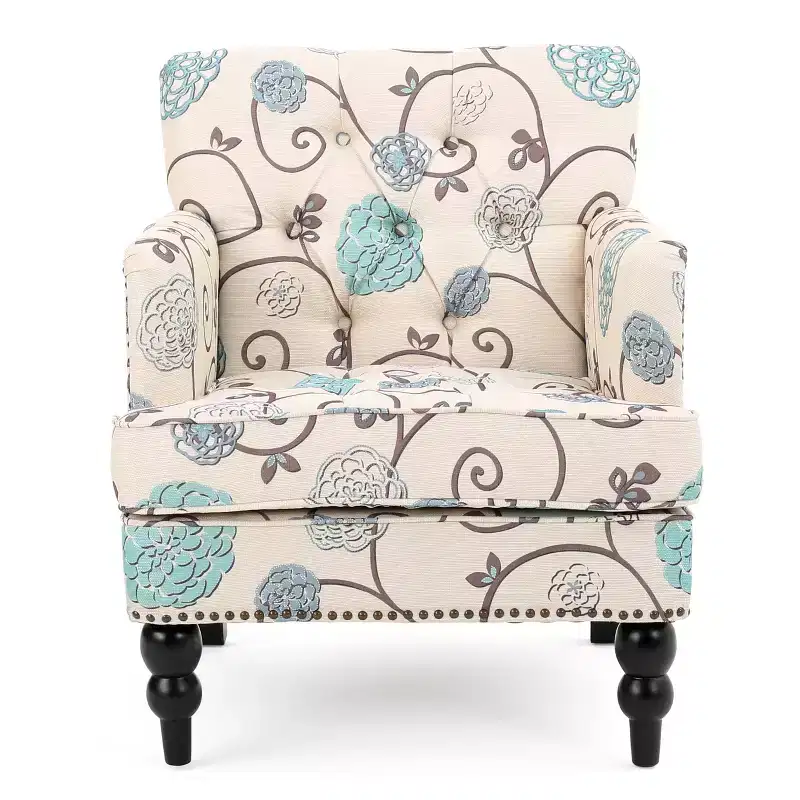 Harrison Tufted Club Chair �C White/Blue Floral Upholstered Accent, Hardwood Frame