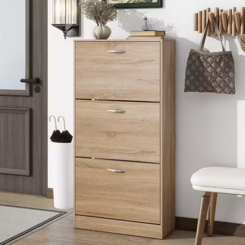 GDFStudio Enzo Modern 24 Wooden Shoe Storage Cabinet with Silver Handles and 3 Flip Drawers