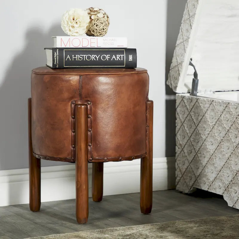 Teak Wood Handmade Upholstered Leather Stool with Wood Legs - Brown - Roche River Decor