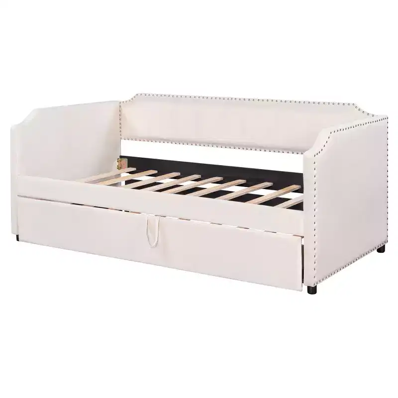 Zeus & Ruta Twin Velvet Upholstered Daybed with Pop Up Trundle & Nailhead Trim