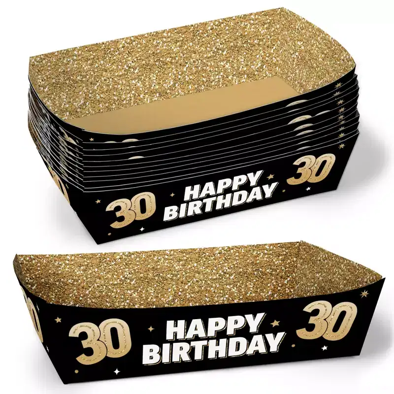 Big Dot of Happiness 30th Birthday Party Paper Food Trays, Disposable Food Boats, Black & Gold Picnic, BBQ, Double-Sided Paper Meal Holders - 12 Ct