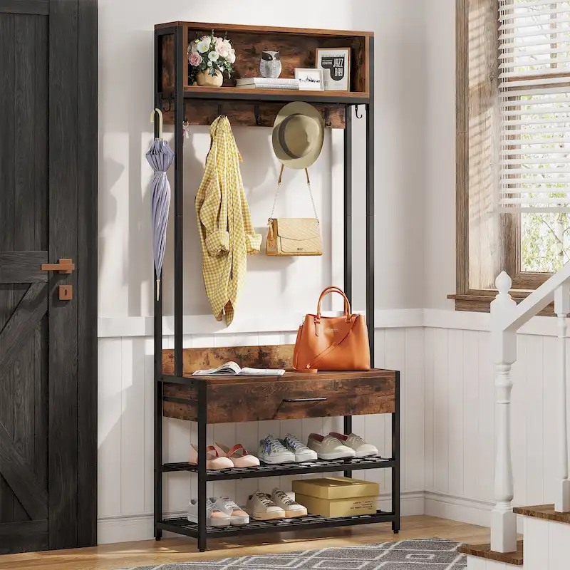 3-in-1 Rustic Brown Industrial Hall Tree with Shoe Bench and Hutch